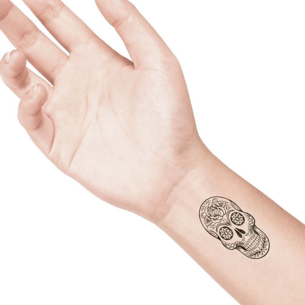 temporary tattoo preview image Giant Sugar Skull, For woman and childeren, skin safe tattoo, Ephemeral Tattoo Stamp for Body and Arm, Water Resistant