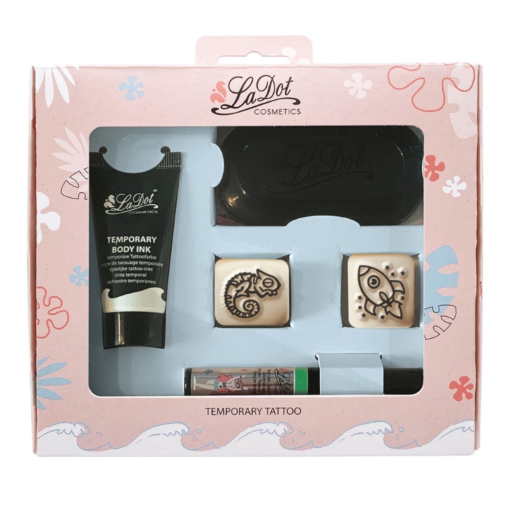 Tatouage temporaire Set S - Caméléon et fusée, liner vert